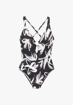 Maillot de bain une pièce noir avec un motif floral abstrait blanc, décolleté en V profond, bretelles croisées et accent en métal circulaire au centre.