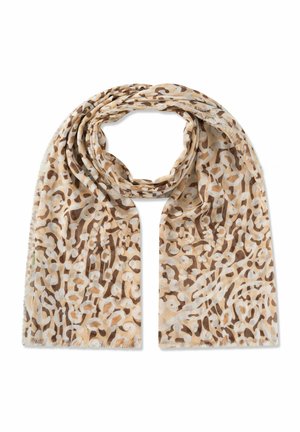 Leichter beiger Schal mit abstraktem braun-weißem Leopardenmuster, locker gefaltet mit Fransen an den Rändern.
