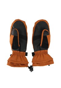 Ocieplane rękawice z brązową zewnętrzną stroną, czarnymi dłońmi, ściągaczem przy nadgarstku i miękką podszewką zapewniającą ciepło.