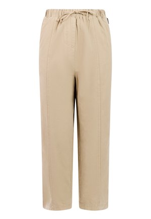 Beige broek met elastische taille, vooraan een trekkoord, zichtbare verticale naden, en cropped rechte pijpen.