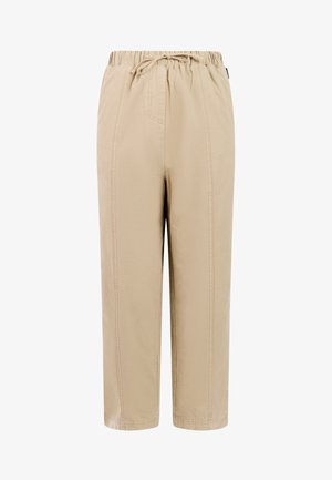 Beige broek met elastische taille, vooraan een trekkoord, zichtbare verticale naden, en cropped rechte pijpen.