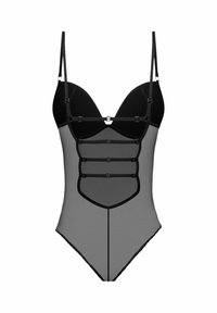 Czarny i szary bodysuit z miseczkami na drucie, pasami w stylu uprzęży i regulowanym okuciem. Gładki, dopasowany fason o gładkiej teksturze.