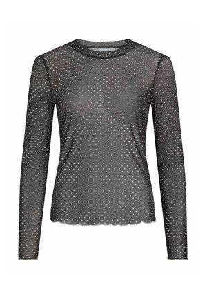 Czarny top z siateczki z długim rękawem i białymi groszkami. Posiada okrągły dekolt i falbaniasty dół. Miękka tekstura i dopasowany krój.