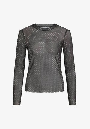 Zwart mesh top met lange mouwen en witte polka dots. Voorzien van een ronde halslijn en een gegolfde zoom. Zachte textuur en een aansluitend ontwerp.