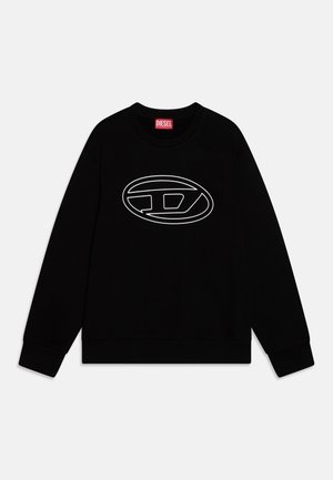 Sweatshirt noir en coton, avec un logo blanc en contour au centre. Dispose d'un col rond et de poignets et ourlet côtelés.