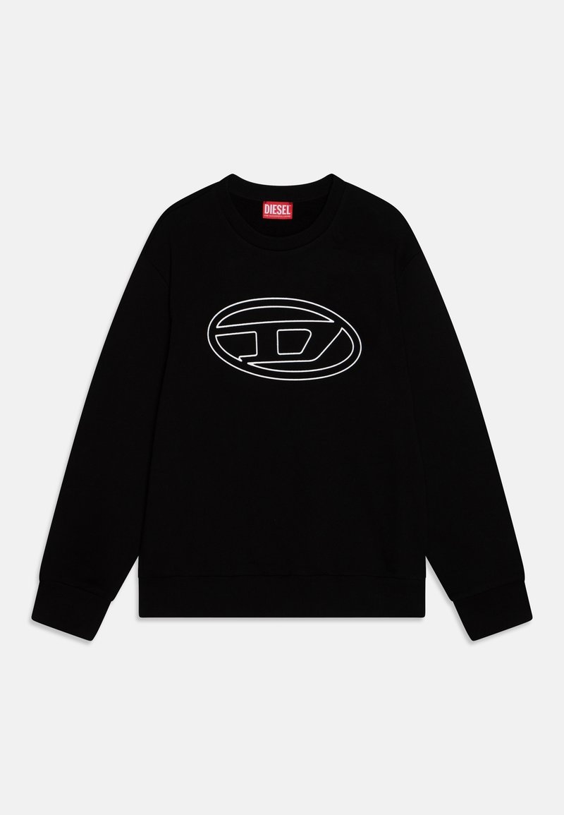 Sweatshirt noir en coton, avec un logo blanc en contour au centre. Dispose d'un col rond et de poignets et ourlet côtelés.