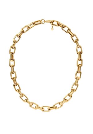 Złoty naszyjnik z łańcucha z wydłużonymi, prostokątnymi ogniwami o polerowanym wykończeniu i zapięciem na karabińczyk.