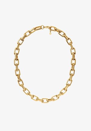 Collar de cadena de eslabones dorados con eslabones alargados y rectangulares, acabado pulido y cierre de lengüeta.