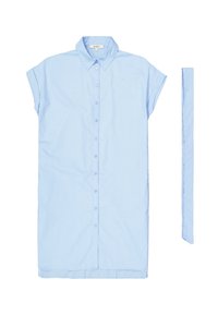 Hellblaues Hemd mit Knopfleiste aus glattem Stoff. Verfügt über einen klassischen Kragen, kurze hochgerollte Ärmel und ein einzelnes langes Krawatten-Accessoire.