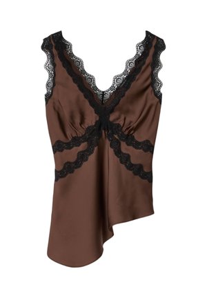 Ruskea satiininen hihaton toppi, jossa musta pitsireunus V-kaula-aukon, kainaloiden ja vyötärön kohdalla, ja epäsymmetrinen helma.