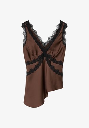 Bruine satijnen top zonder mouwen met zwarte kanten afwerking langs de V-hals, armsgaten en taille, met een asymmetrische zoom.