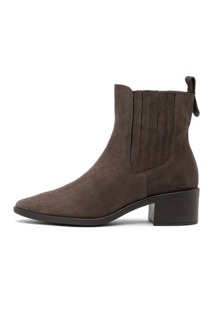Dark brown suede ankle boot with low block heel, side elastic panels, and pull tab at the back, shown in profile on white background.