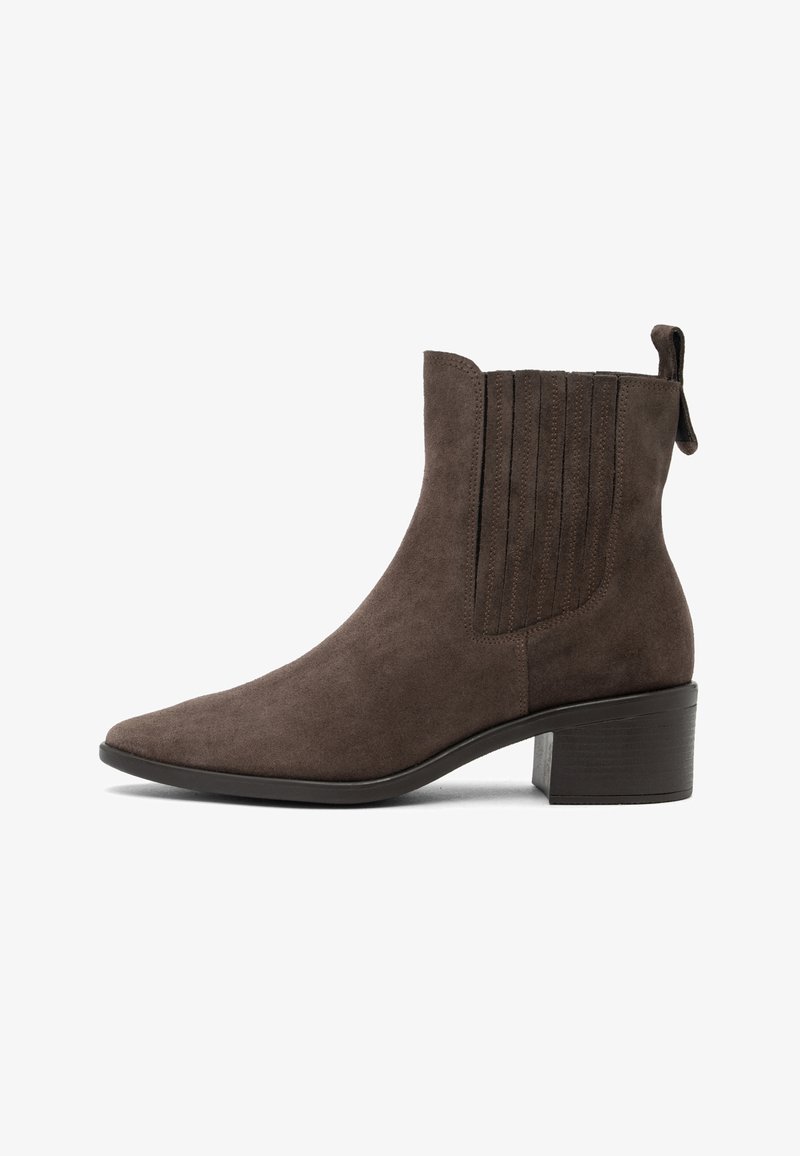 Dark brown suede ankle boot with low block heel, side elastic panels, and pull tab at the back, shown in profile on white background.