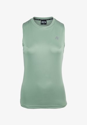 Svijetlozeleni majica bez rukava sportskog stila s okruglim izrezom, izrađena od glatkog materijala, s malim logotipom na prsima i suptilnim detaljima šivanja.