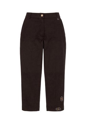 Pantaloni neri a vita alta con gamba dritta, bottone frontale, passanti per cintura, logo ricamato sottile vicino all'orlo e piccolo charm metallico sulla vita.