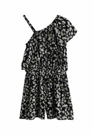 Zwarte bloemenromper met een geplooide taille, een een-schouder ontwerp, ruches en een patroon van witte en groene bloemen.