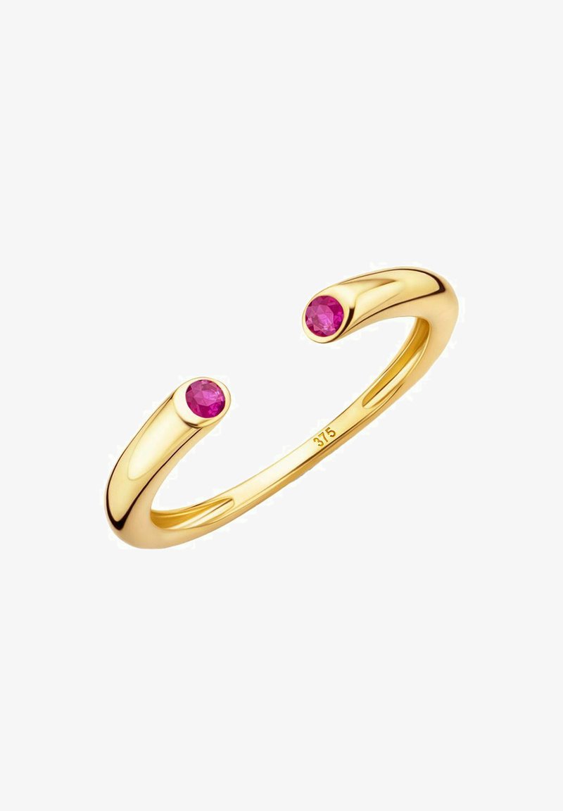 Zlatý otvorený manžetový prsteň s dvoma ružovými okrúhlymi kameňmi na každom konci, hladkým povrchom a minimalistickým dizajnom so značkou 375.