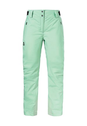 Mint-green ski pants with a smooth texture, featuring a zippered pocket, adjustable waistband, and logo detail on the side.