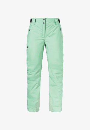 Mint-green ski pants with a smooth texture, featuring a zippered pocket, adjustable waistband, and logo detail on the side.