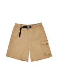 Beige cargo shorts with an elastic waistband, adjustable black belt, and a side pocket featuring a snap closure. Smooth, lightweight fabric.