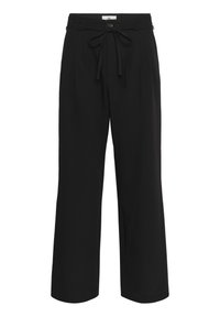 Zwarte wijde broek met een gestructureerde stof, voorzien van een gestrikt tailleband, plooien en een enkele knoopsluiting aan de voorkant.