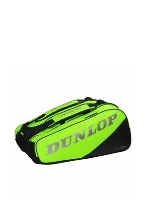 Sac de sport Dunlop vert vif et noir avec double poignée, grand logo et plusieurs compartiments zippés.