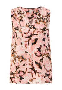 Blouse sans manches pour femmes avec motif floral abstrait rose, marron et noir et encolure en V sur fond blanc.