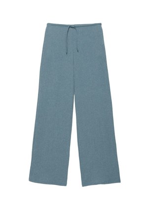 Weit geschnittene Strickhose in gedämpftem Blau mit elastischem Bund und Kordelzug, entspannte Passform und weiche Textur.