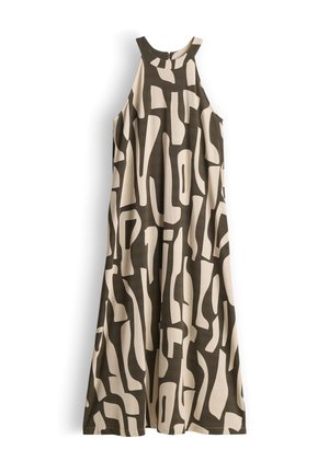 Vestito lungo senza maniche con collo alto, motivo geometrico astratto in nero e beige, e chiusura con cerniera sul retro.