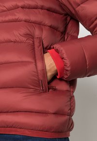 Rød pufferjakke med quiltet design, elastiske ærmer og sidelommer. Glat tekstur med et synligt mærke.