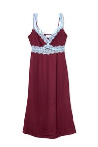 Burgundy satin nightgown with light blue lace trim, featuring adjustable straps and a v-neck design, flowing gently to a mid-calf length.