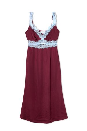 Burgundy satin nightgown with light blue lace trim, featuring adjustable straps and a v-neck design, flowing gently to a mid-calf length.