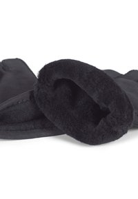 Svarta handskar i mjukt tyg med ett plyschfoder. Har en enkel design och rundad mudd för ökad komfort.