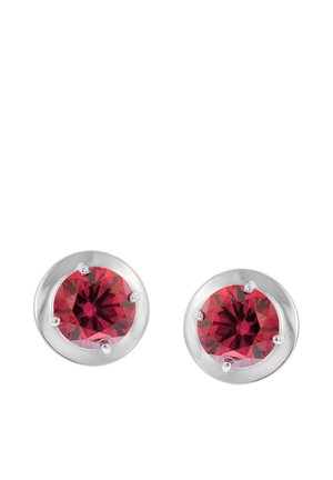 Pair of round silver stud earrings each featuring a deep red faceted gemstone secured by four prongs.