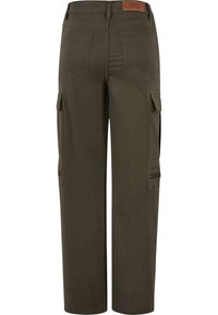 Pantaloni cargo verde oliva con una vestibilità dritta, dotati di due tasche laterali, due tasche posteriori e un tessuto strutturato.