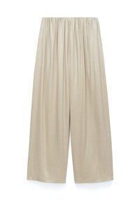 Beige wide-leg pants with an elastic waistband and a loose comfortable fit, displayed on a white background.