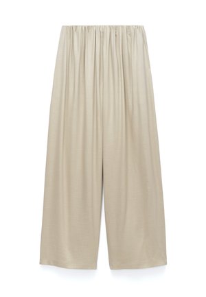 Beige Hose mit weitem Bein, elastischem Bund und lockerem, bequemem Sitz, dargestellt auf weißem Hintergrund.