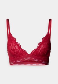 Κόκκινο δαντελένιο bralette με λεπτές ρυθμιζόμενες τιράντες, σχέδιο σε σχήμα V, λουλουδένιο μοτίβο και λαστιχένια ζώνη με τη μάρκα στο κάτω μέρος σε λευκό και κόκκινο.