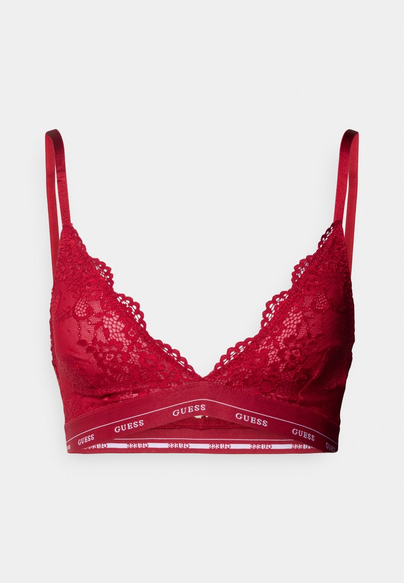 Κόκκινο δαντελένιο bralette με λεπτές ρυθμιζόμενες τιράντες, σχέδιο σε σχήμα V, λουλουδένιο μοτίβο και λαστιχένια ζώνη με τη μάρκα στο κάτω μέρος σε λευκό και κόκκινο.