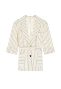 Blazer a righe con sfondo crema, caratterizzato da strisce verticali blu navy, colletto a scollatura aV, maniche larghe, una cintura in vita e tasche frontali.