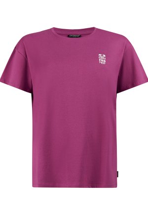 Effen paars T-shirt met korte mouwen en ronde hals, met klein wit "Protest" logo op de linkerborst.