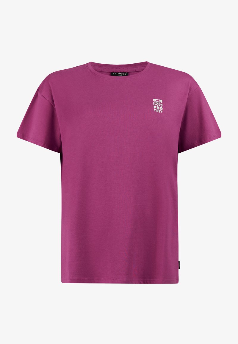Einfaches lila T-Shirt mit kurzen Ärmeln und Rundhalsausschnitt, mit kleinem weißem "Protest"-Logo auf der linken Brust.