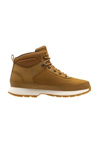 Botas altas marrones con parte superior texturizada, suela beige, puntera reforzada y cierre de cordones. Presenta un collar acolchado y una lengüeta.