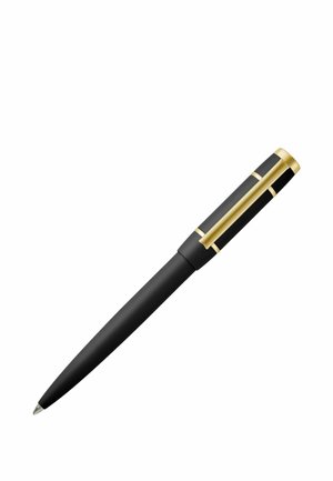 Stylo à bille noir avec clip et accents dorés, capuchonné, isolé sur fond blanc.