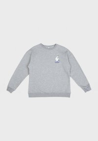 Harmaa collegepaita, joka on valmistettu puuvillasekoitteesta. Siinä on pyöreä pääntie, pitkät hihat, ribattuja hihansuita ja piirretty graafinen kuva rinnassa.