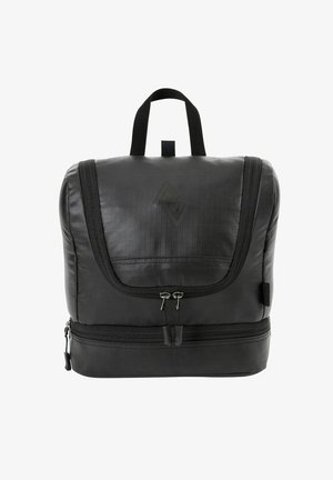 Schwarzer Rucksack aus strukturiertem Material, ausgestattet mit einer Vordertasche, doppelten Reißverschlüssen und einem oberen Griff zum Tragen.