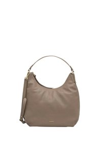 Borsa hobo in pelle di un leggero taupe con una texture a concia, una forma arrotondata, una singola tracolla e dettagli in metallo dorato.