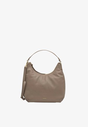 Borsa hobo in pelle di un leggero taupe con una texture a concia, una forma arrotondata, una singola tracolla e dettagli in metallo dorato.