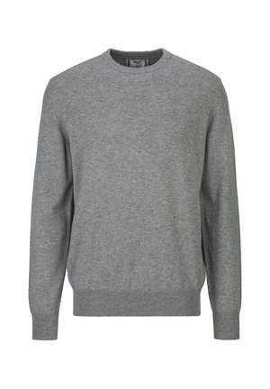 Grau gestrickter Pullover mit langen Ärmeln, Rundhalsausschnitt und gerippten Bündchen und Saum, gezeigt vor weißem Hintergrund.