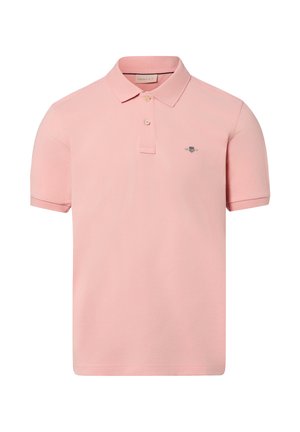 Hellrosa kurzärmeliges Poloshirt mit Kragen, Zwei-Knopf-Leiste und kleinem besticktem Logo auf der linken Brust.